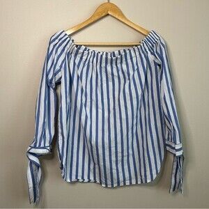 Mango Blue and White Stripe Off the Shoulder Long Sleeve Shirt Size 8